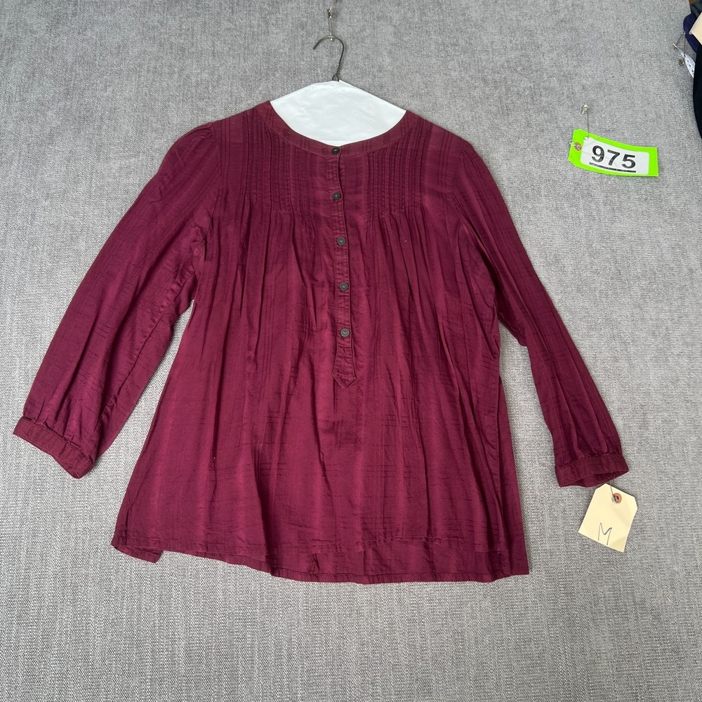 GAP Blouse Top Womens M Red Pleated Long Sleeve Minimalist Boho Button Front